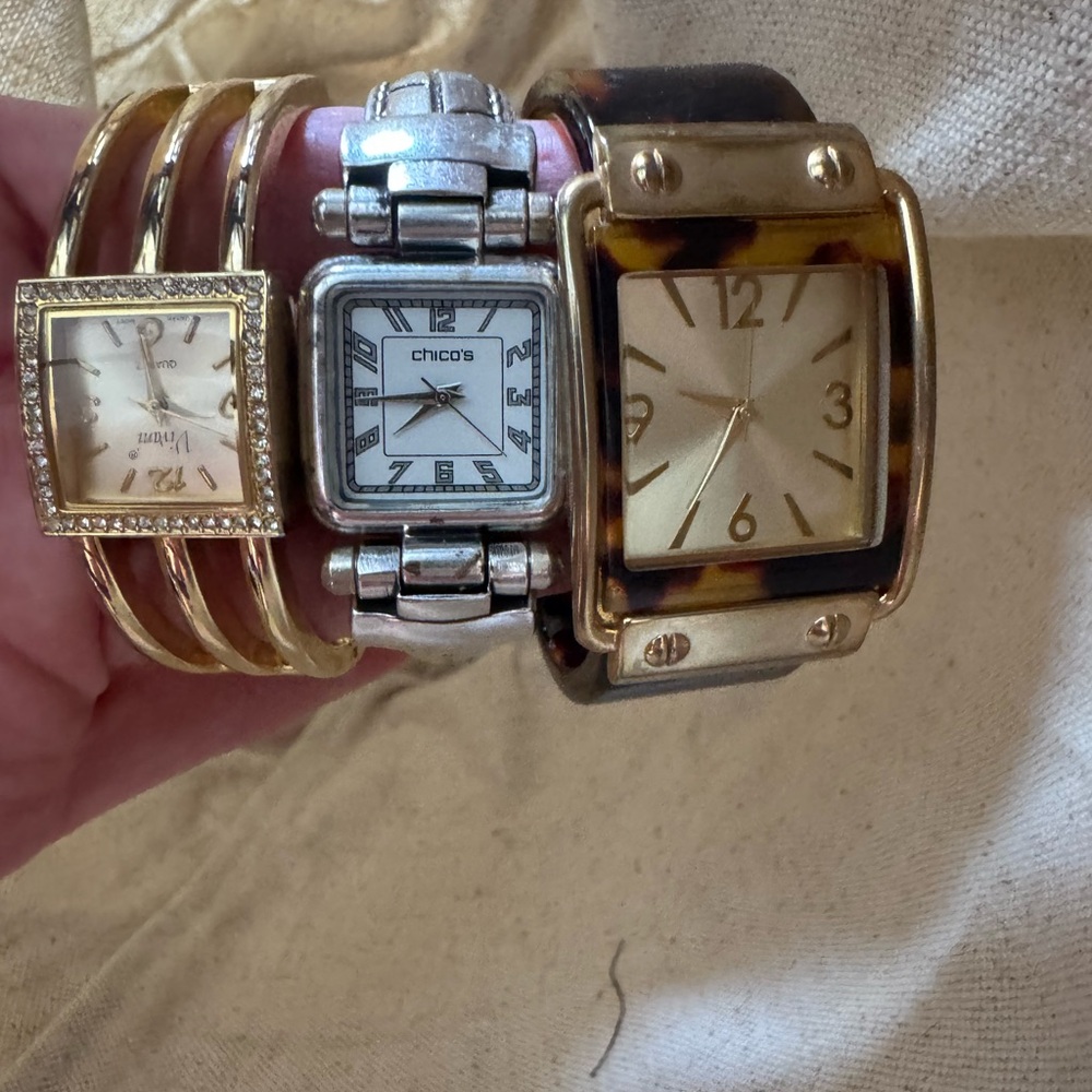 Set of 3 Women's Bangle & Tortoiseshell Cuff Watches - Gold & Silver Tones